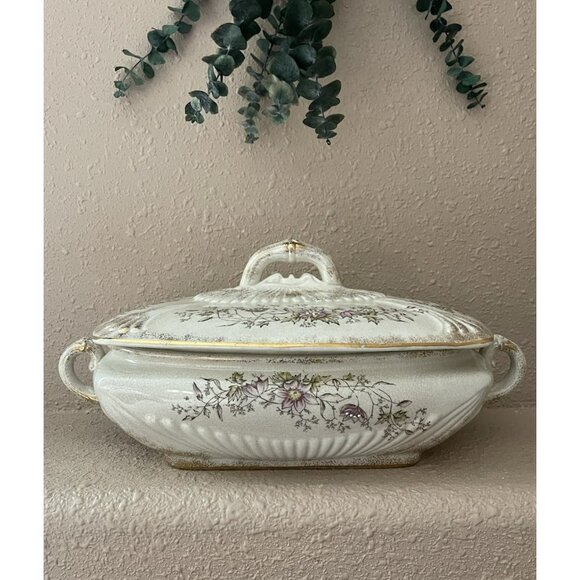T.E.P.P. Co. Antique White Ironstone Covered Dish Tureen Crazed Stained Floral - Picture 16 of 16